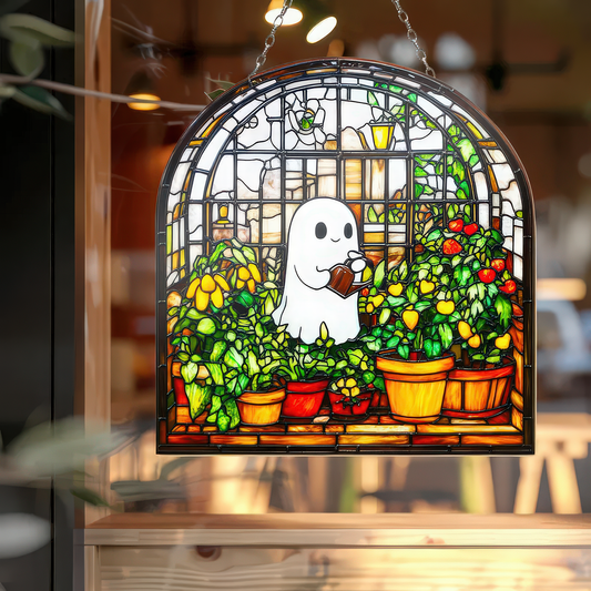 Cute Ghost at Greenhouse Acrylic ornament Boo & Garden Hanging Ornament Boo Gardening Decor Halloween Gift For Mom Plant Lover Christmas