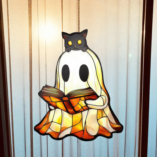 Cute Ghost And Black Cat Reading Acylic Ornament Cat Ghost Reading Book Window Hanging Decoration For Bookish Home Decor Reader