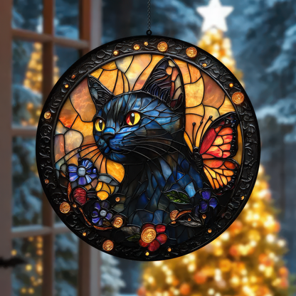 Black Cat flower butterfly glass Suncatcher acrylic window Hanging Cat Lovers Gift for Cat Lovers floral cat Gift for Mom Memorial Gift