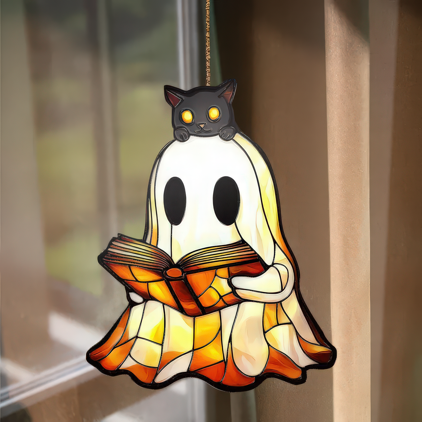 Cute Ghost And Black Cat Reading Acylic Ornament Cat Ghost Reading Book Window Hanging Decoration For Bookish Home Decor Reader