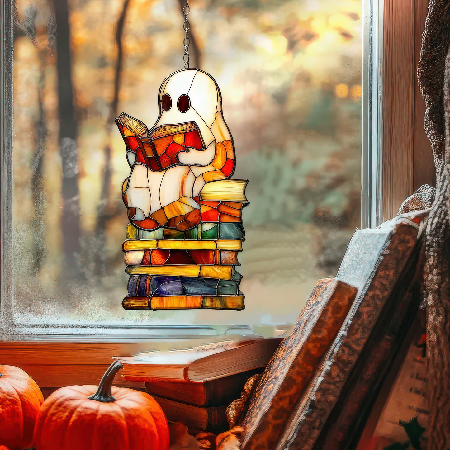 Halloween Ghost Reading Book Acrylic ornament Cute Halloween Spooky Window Hanging Ornament Boo Reading Books Decor For Reader Librarian