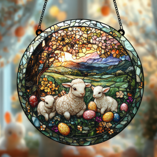 Easter Lamp And Colorful Eggs Glass Suncatcher Acrylic Ornament, Easter-Themed Art Decor Window Hanging