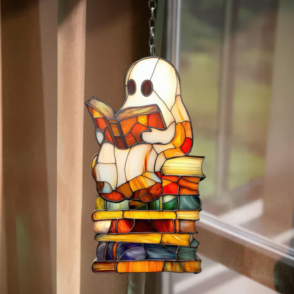 Halloween Ghost Reading Book Acrylic ornament Cute Halloween Spooky Window Hanging Ornament Boo Reading Books Decor For Reader Librarian