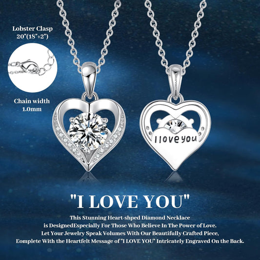 Moissanite Necklace for women, Engraved "I LOVE YOU" Necklaces for women, 1-3 Carat Moissanite D Color (VVS1) ,Anniversary Eternity Jewelry Necklaces Gift for Wife, Birthday Christmas Gifts for Women