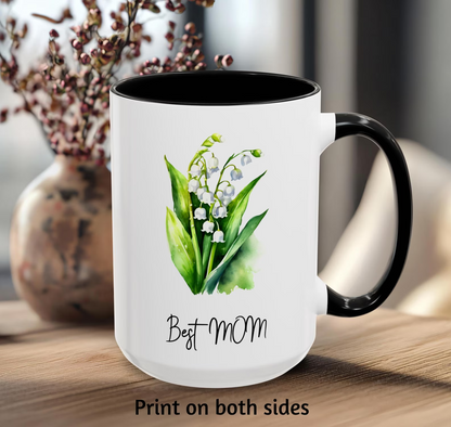 Best MOM Lily of the Valley Accent Coffee Mug, May Birth Flower Best Mom Gift, 11oz, 15oz, Ceramic Mug, Mother's Day Gift, Birthday Gift