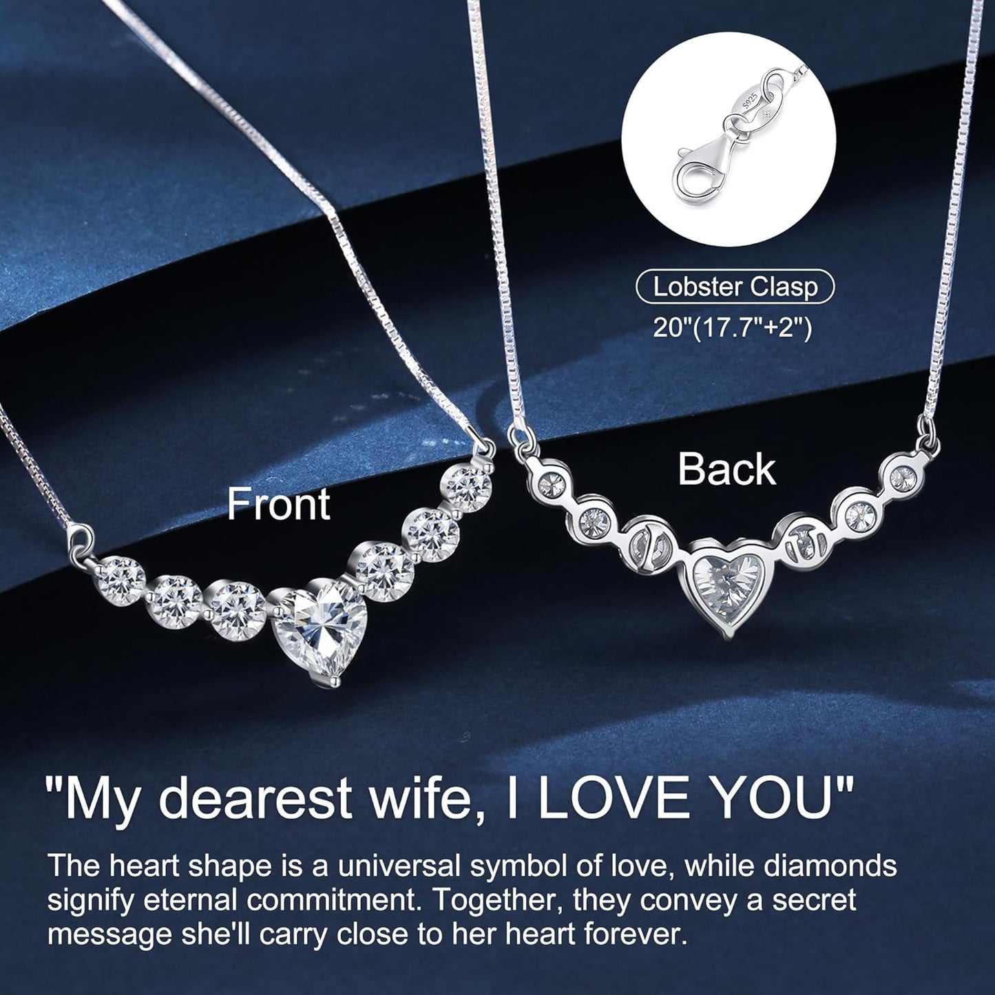 Moissanite Necklace for Women, 1.7-7.6 Carat Heart Necklace Engraved 'I LOVE YOU' Gift for Wife