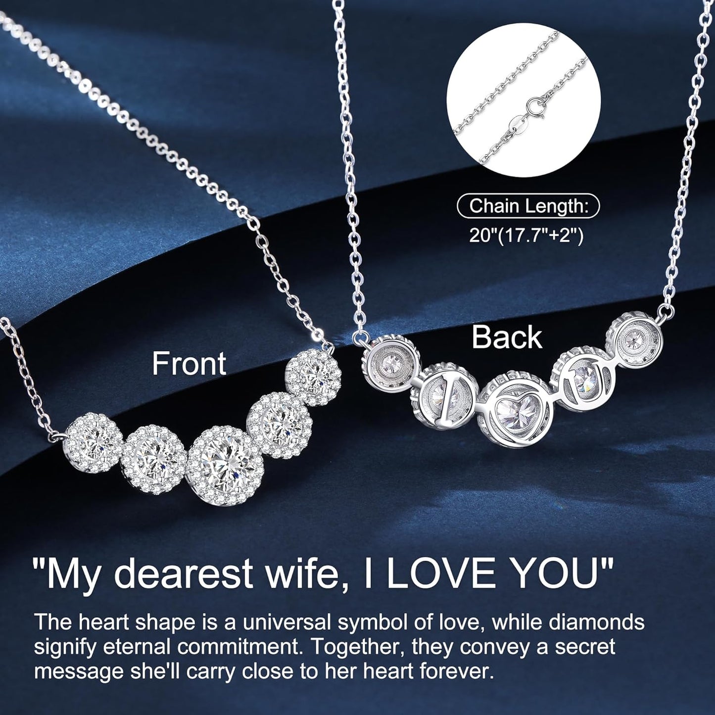 Moissanite Necklace for Women, 1.7-7.6 Carat Heart Necklace Engraved 'I LOVE YOU' Gift for Wife