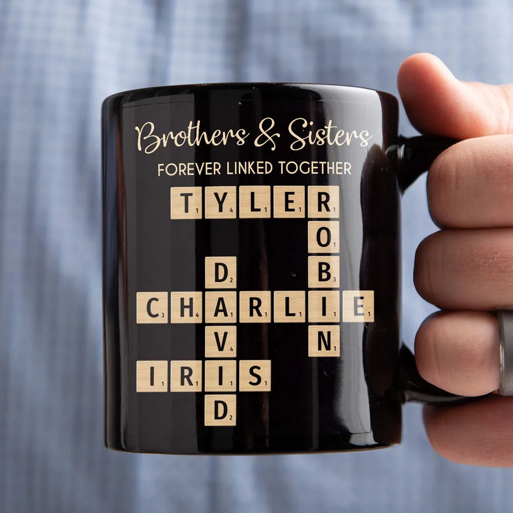 Brothers & Sisters Forever Linked Together Crossword Puzzle Art Personalized Mug, Gift For Brothers, Sisters, Siblings, Family