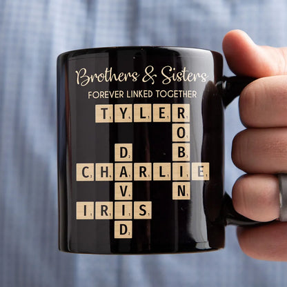 Brothers & Sisters Forever Linked Together Crossword Puzzle Art Personalized Mug, Gift For Brothers, Sisters, Siblings, Family