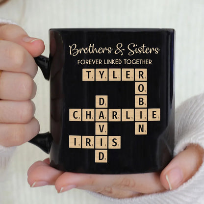 Brothers & Sisters Forever Linked Together Crossword Puzzle Art Personalized Mug, Gift For Brothers, Sisters, Siblings, Family