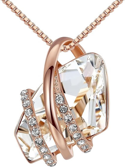 Leafael Wish Stone Pendant Necklace with Birthstone Crystal, 18K Rose Gold Plated/Silvertone, 18" + 2"