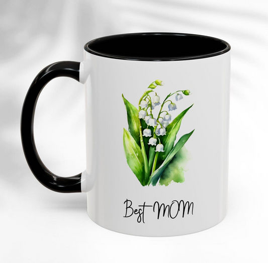 Best MOM Lily of the Valley Accent Coffee Mug, May Birth Flower Best Mom Gift, 11oz, 15oz, Ceramic Mug, Mother's Day Gift, Birthday Gift