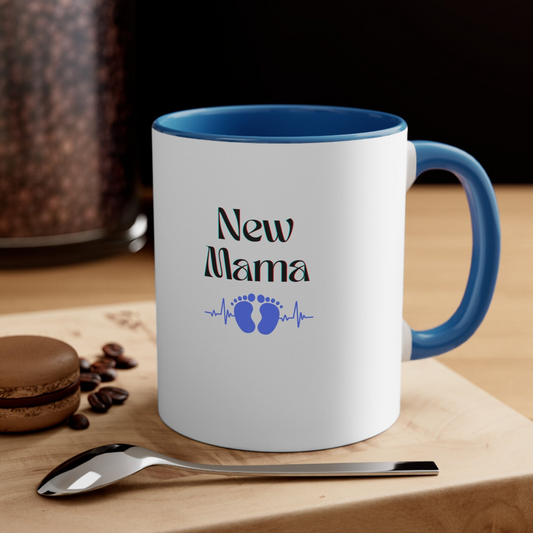 New Mama Accent Blue Ceramic 11oz Coffee Mug. Baby Feet and Heartbeat in Blue. New Mum/Mom Gift. New Baby. Baby Shower Gift. Mother's Day