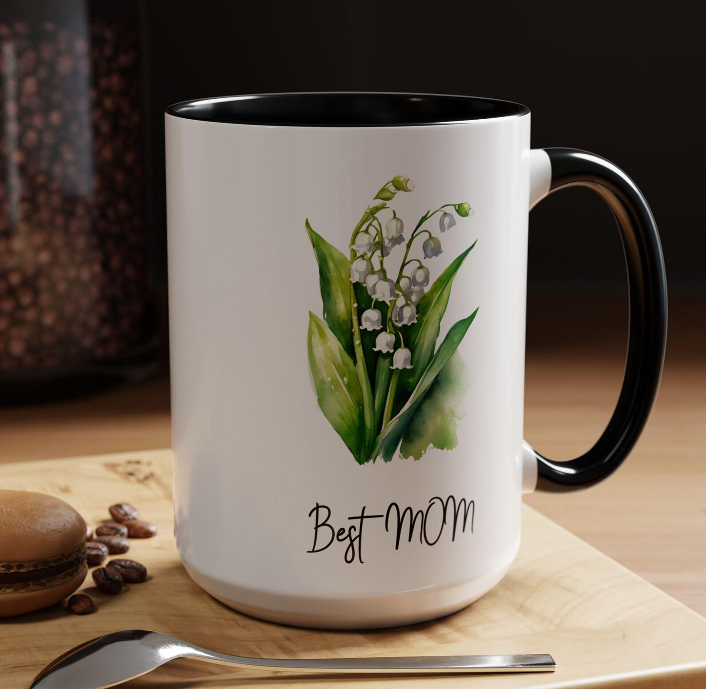 Best MOM Lily of the Valley Accent Coffee Mug, May Birth Flower Best Mom Gift, 11oz, 15oz, Ceramic Mug, Mother's Day Gift, Birthday Gift