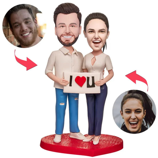 The Couple with The I LOVE U Sign Custom Bobblehead With Engraved Text