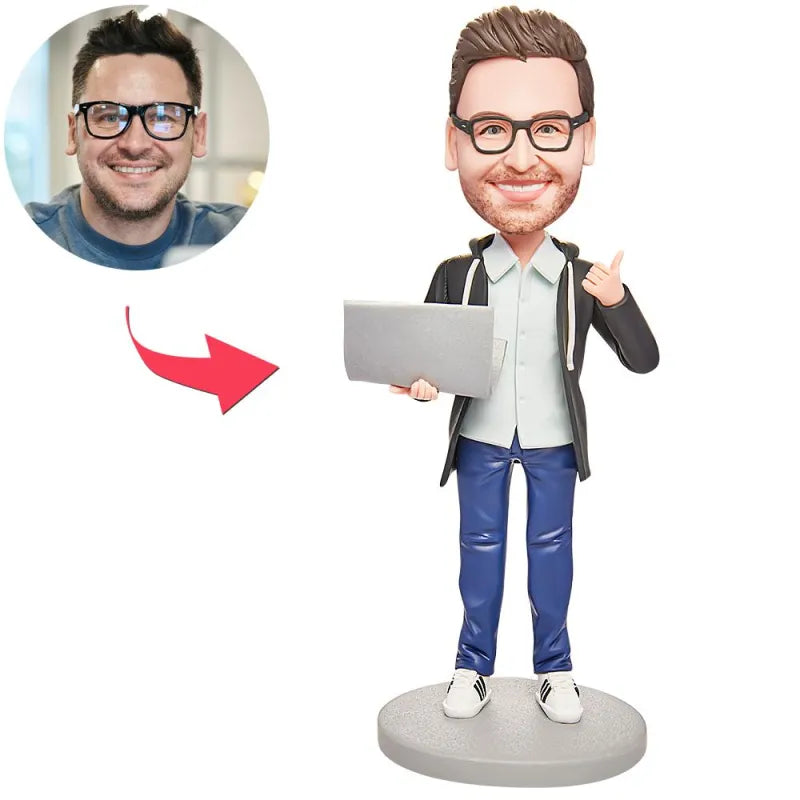 Male Software Engineer with Computer Custom Bobblehead Engraving with Text