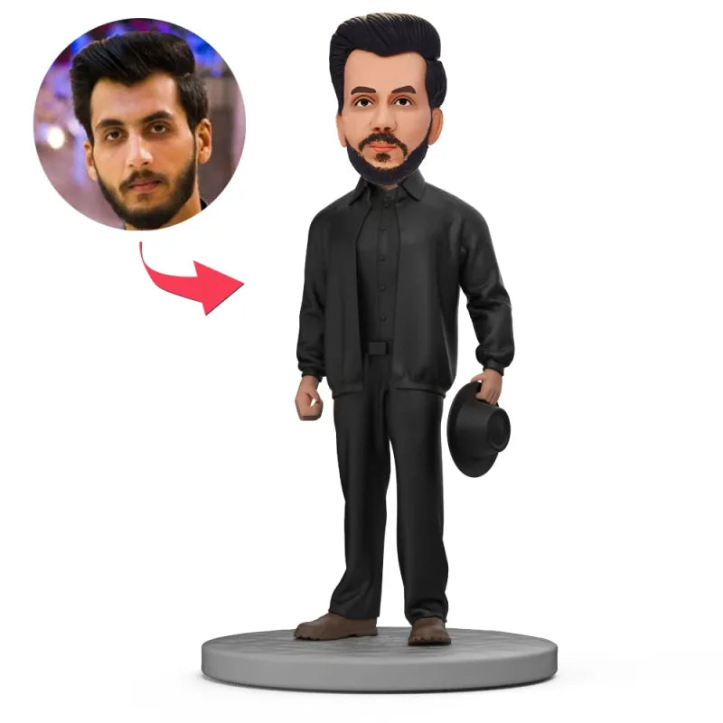 Black Jacket Man With Bowler Hat Custom Bobblehead With Engraved Text