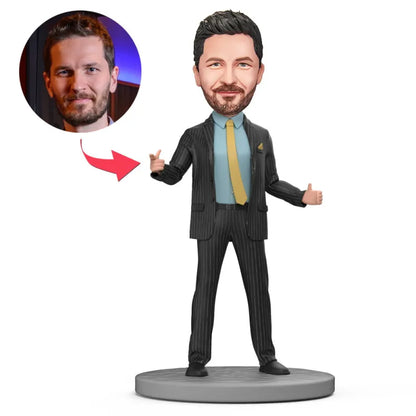 Black Suit With Blue Shirt And Yellow Tie Business Man Custom Bobblehead With Engraved Text